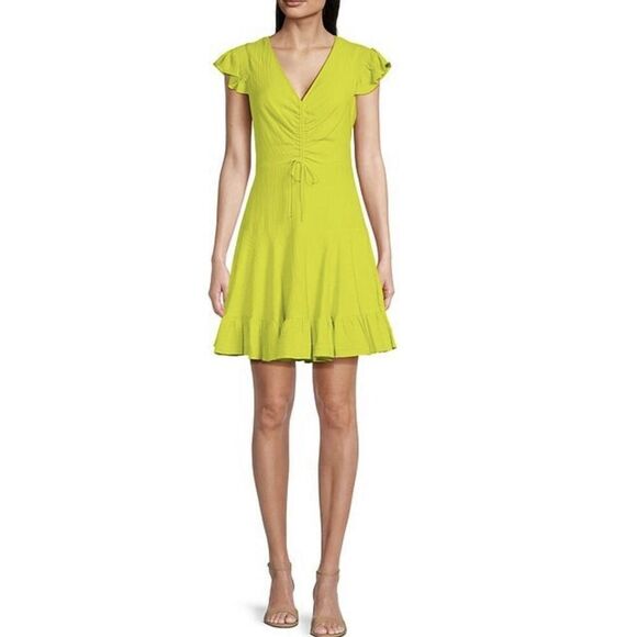 Eliza J Womens Lime Green Ruched Rayon Fit & Flare Dress Size 14 - Picture 1 of 8